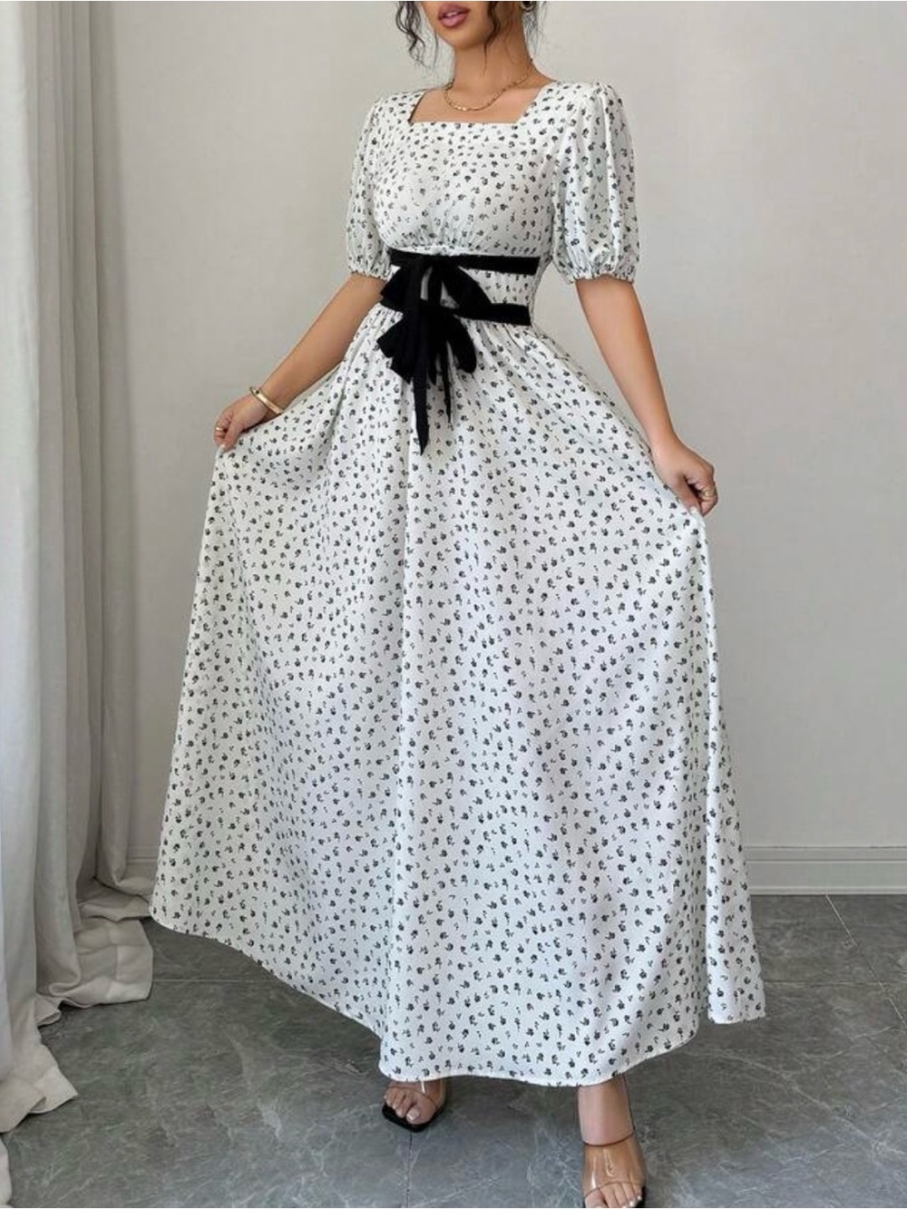 Elegant White Floral Maxi Dress with Black Waist Tie